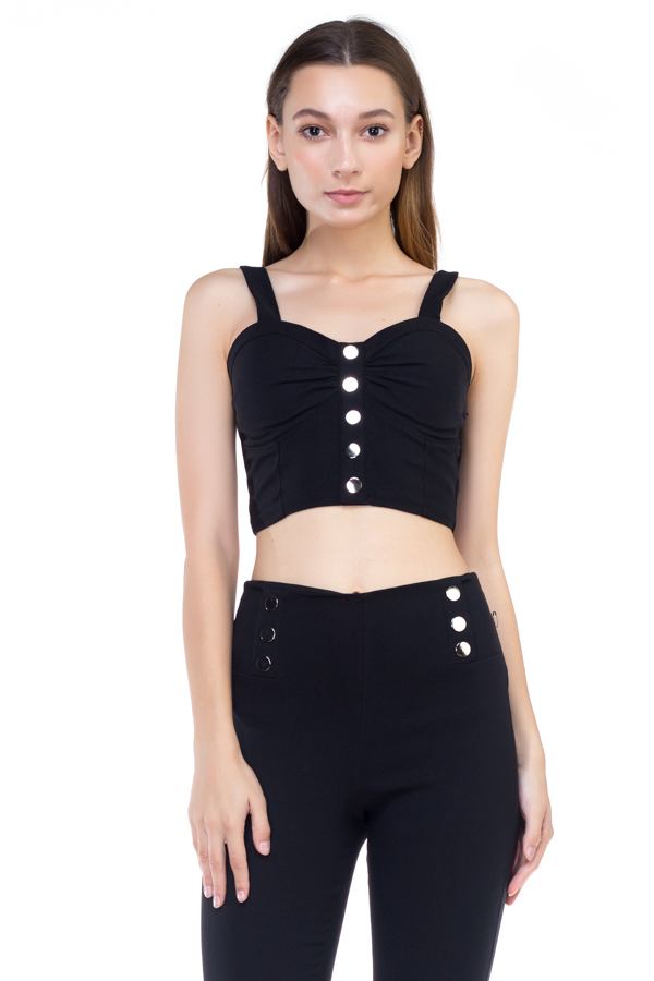 Black, Sweetheart Button Down Crop Top