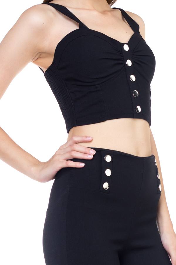 Black, Sweetheart Button Down Crop Top