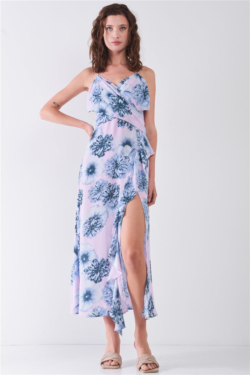 Blue Floral Print Side Slit Detail Midi Dress
