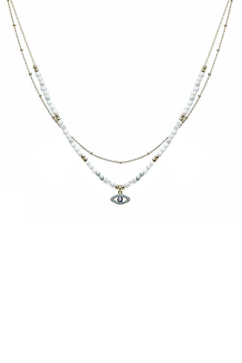 Layered Metal Seed Bead Evil Eye Pendant Necklace