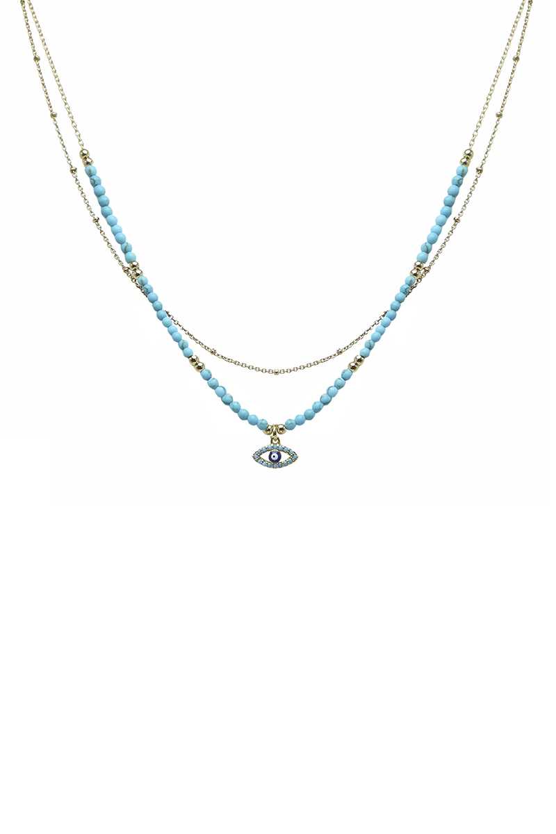 Layered Metal Seed Bead Evil Eye Pendant Necklace