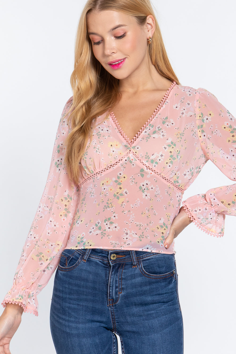 Ruffle Floral Print Chiffon Top