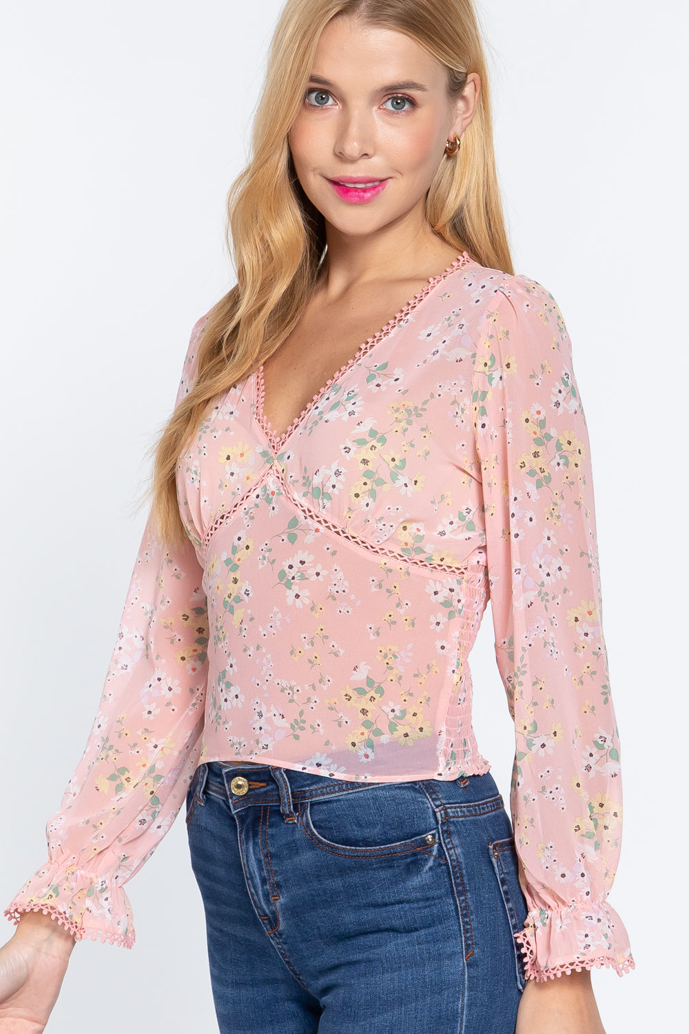 Ruffle Floral Print Chiffon Top