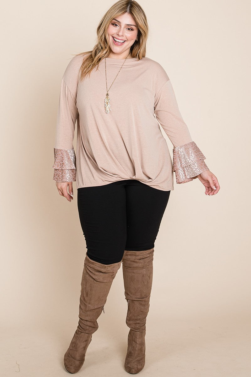 Velvet Animal Mesh Sleeves Solid Knit Top
