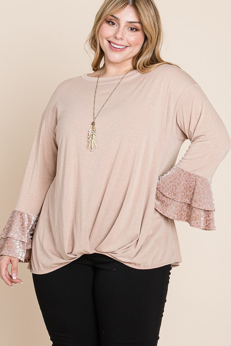Velvet Animal Mesh Sleeves Solid Knit Top