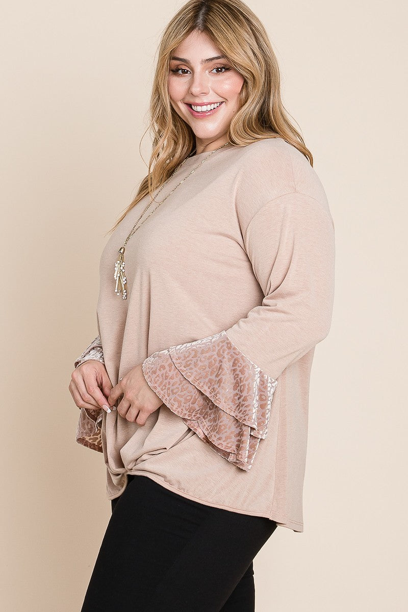 Velvet Animal Mesh Sleeves Solid Knit Top
