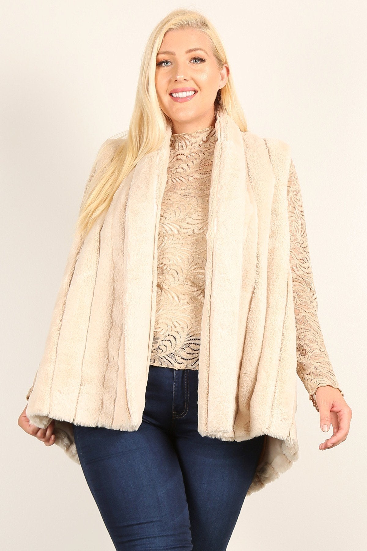 Faux Fur Vest Jacket With Open Front, Hi-lo Hem, And Pockets