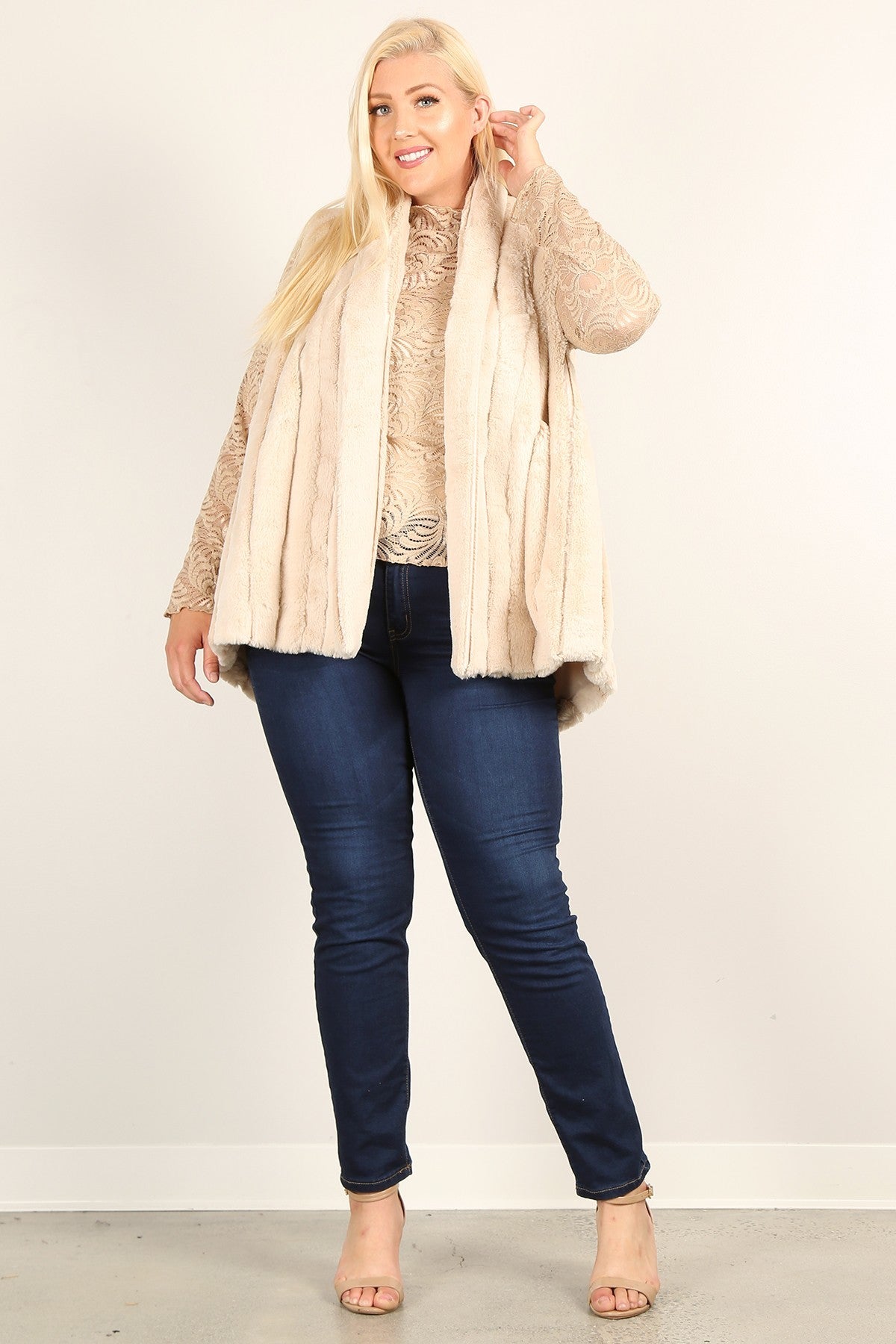 Faux Fur Vest Jacket With Open Front, Hi-lo Hem, And Pockets