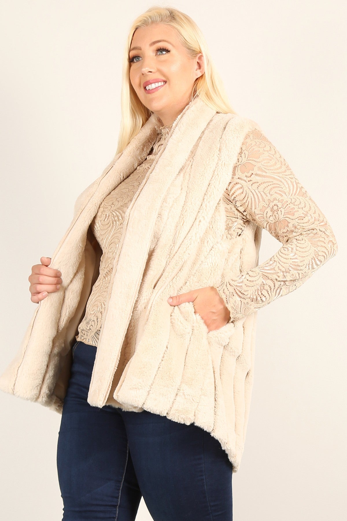 Faux Fur Vest Jacket With Open Front, Hi-lo Hem, And Pockets