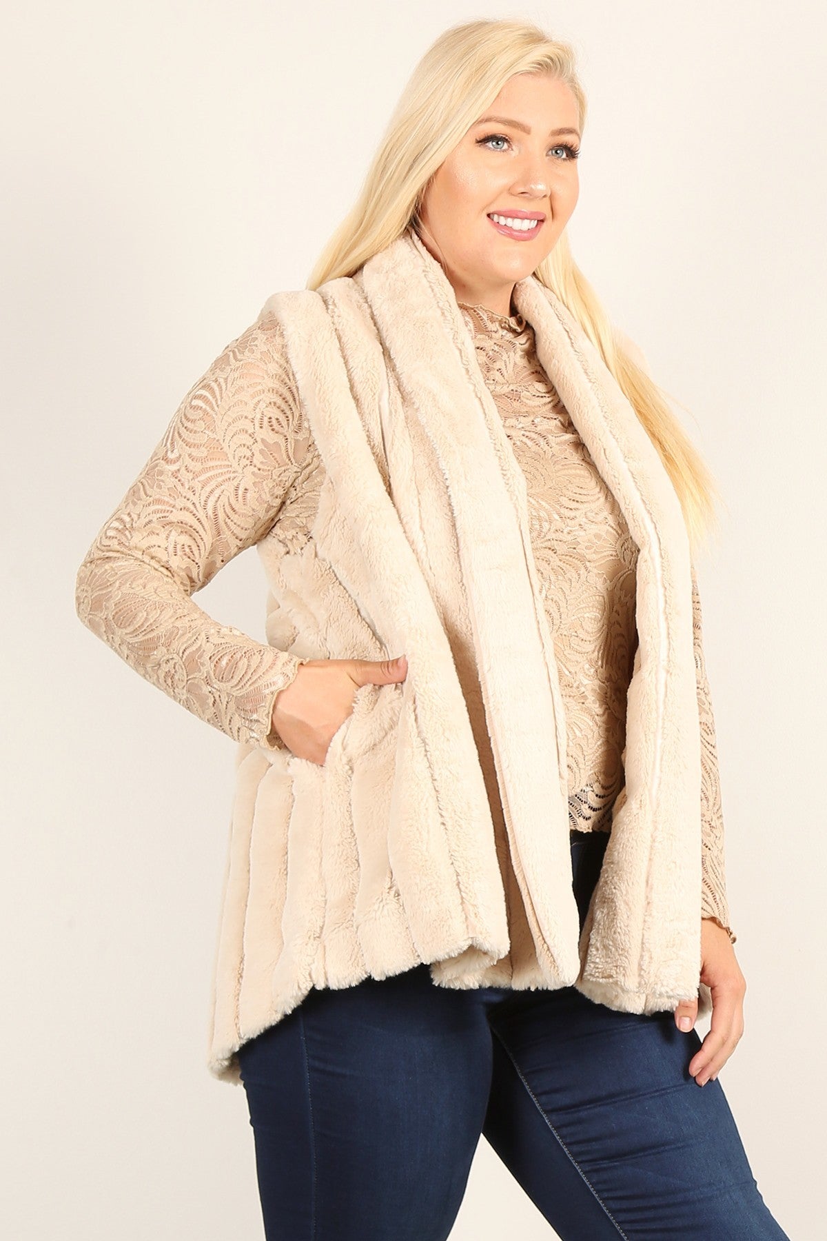 Faux Fur Vest Jacket With Open Front, Hi-lo Hem, And Pockets