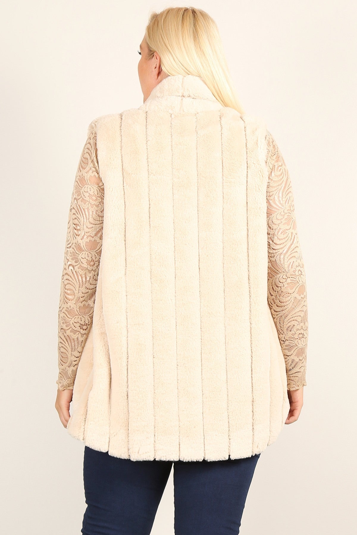 Faux Fur Vest Jacket With Open Front, Hi-lo Hem, And Pockets