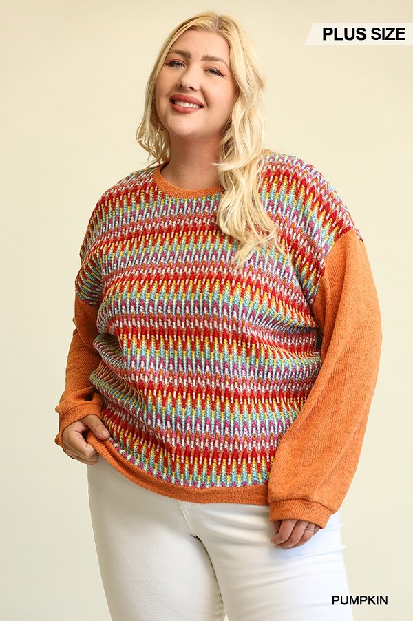 Novelty Knit And Solid Knit Loose Sweater