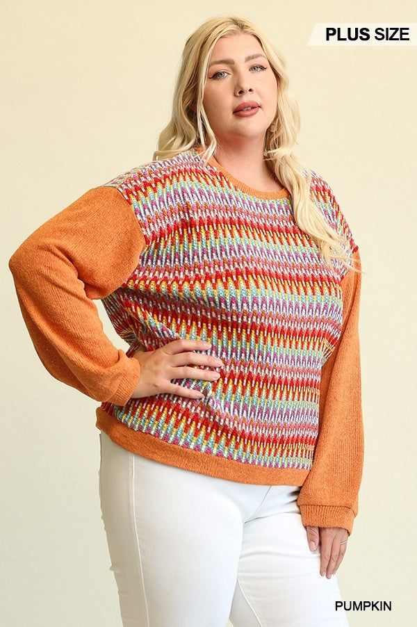 Novelty Knit And Solid Knit Loose Sweater
