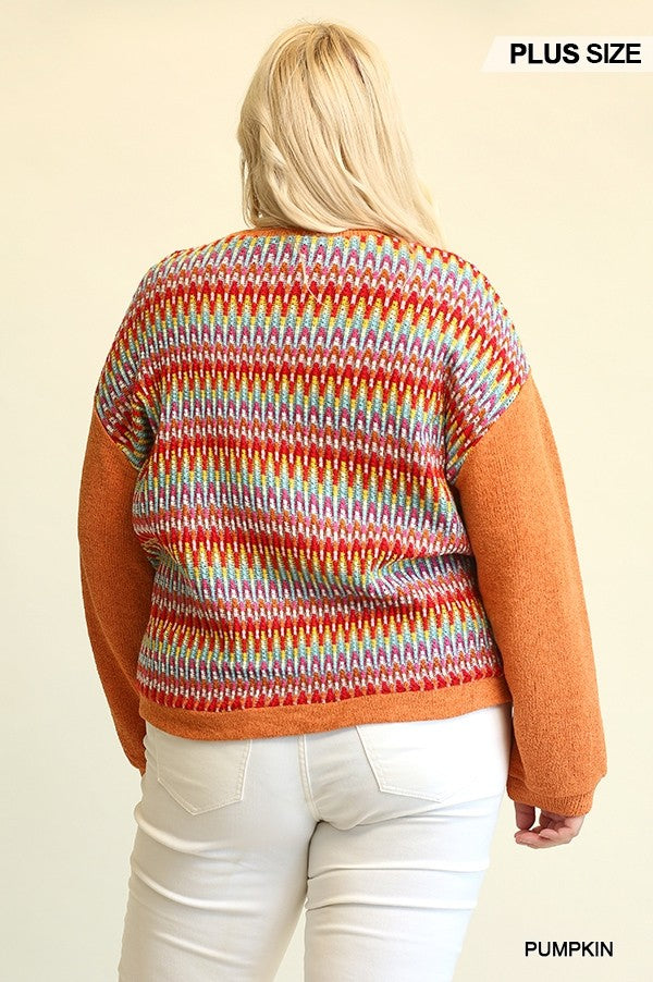 Novelty Knit And Solid Knit Loose Sweater