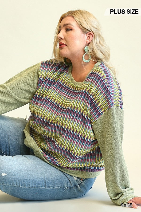 Novelty Knit And Solid Knit Loose Sweater