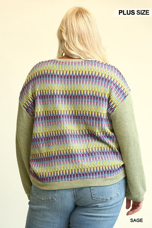 Novelty Knit And Solid Knit Loose Sweater