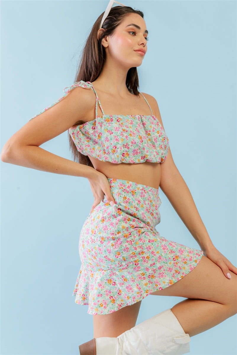 Mint Fuchsia Hem Mini Skirt Set