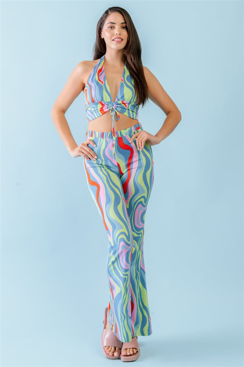 Multicolor Abstract Print Halter Pants Set