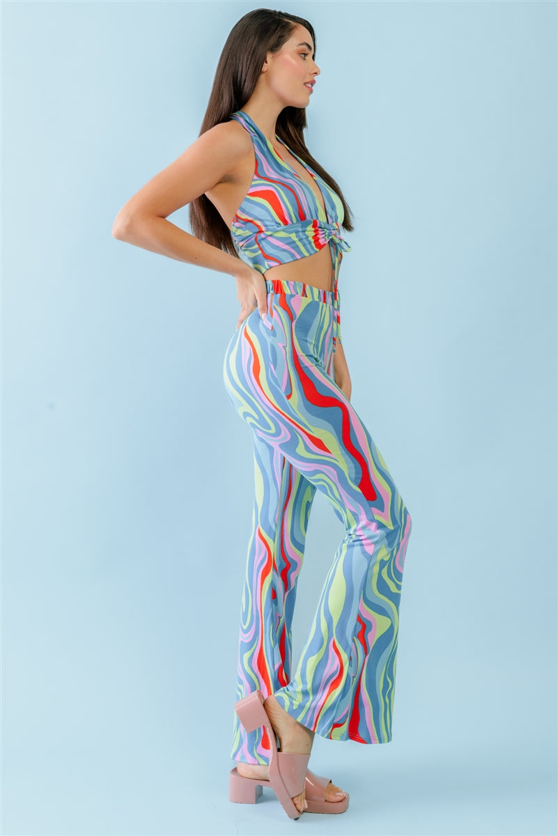 Multicolor Abstract Print Halter Pants Set
