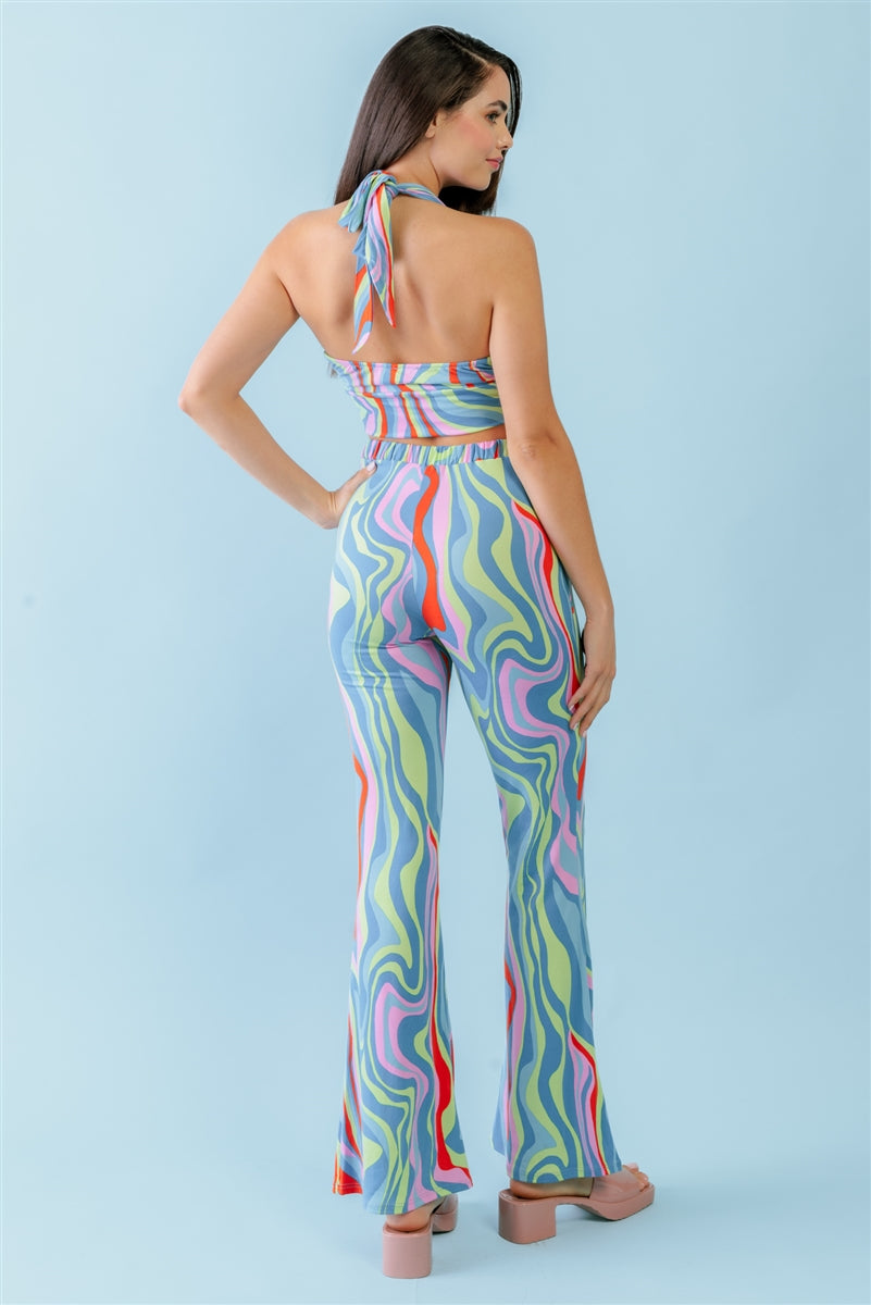 Multicolor Abstract Print Halter Pants Set