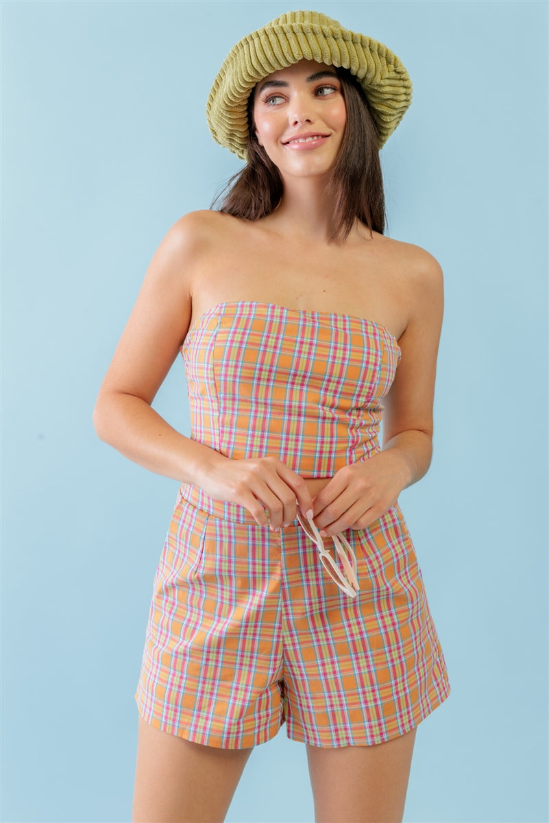 Orange & Aqua Plaid Shorts Set