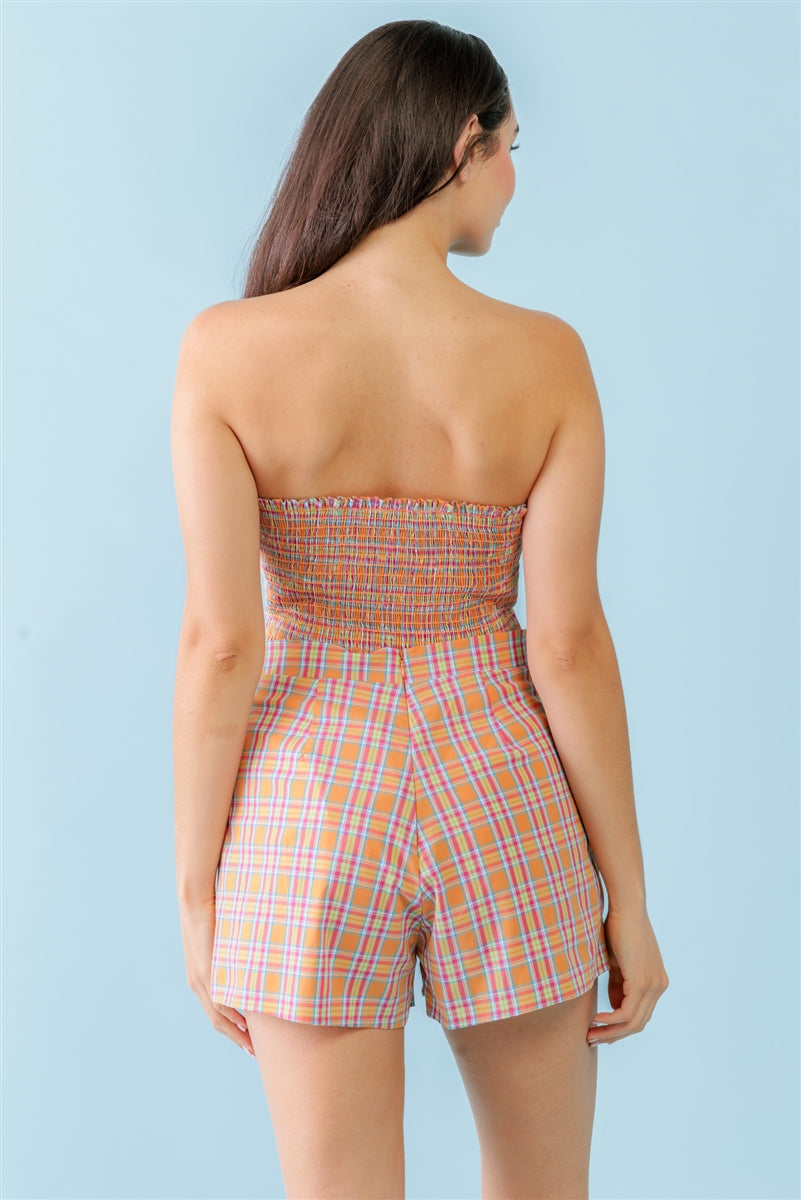 Orange & Aqua Plaid Shorts Set