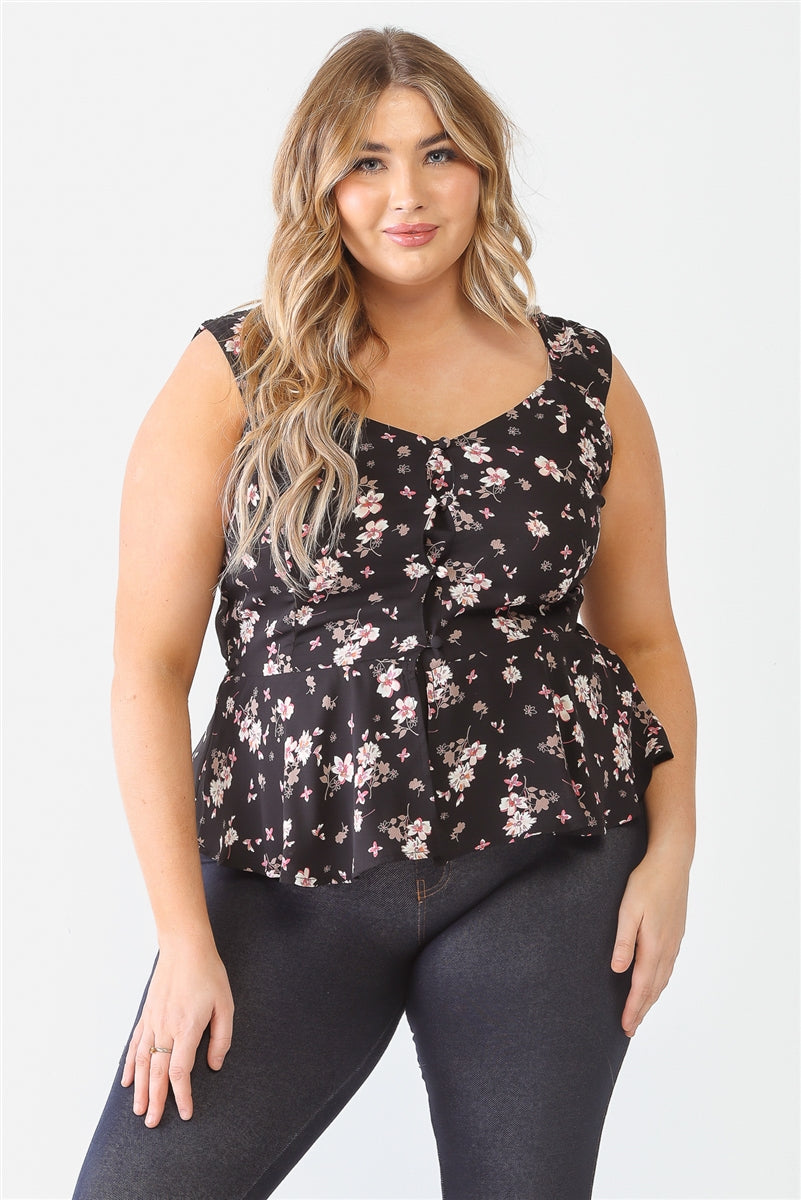 Floral Button-up Sleeveless Flare Hem Top