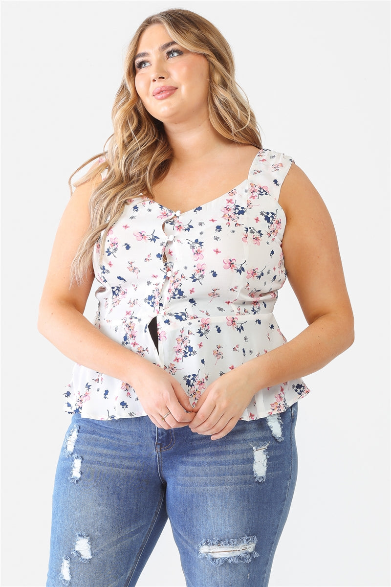 Floral Button-up Sleeveless Flare Hem Top