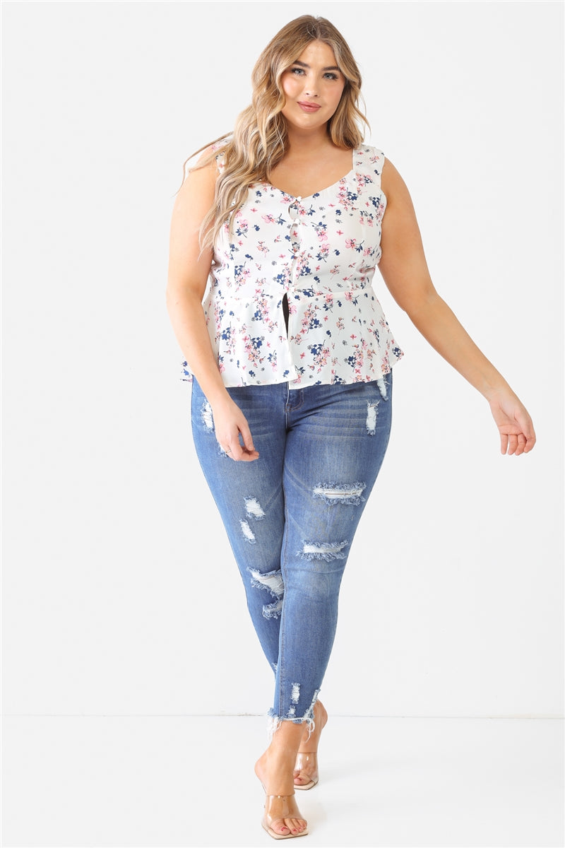 Floral Button-up Sleeveless Flare Hem Top