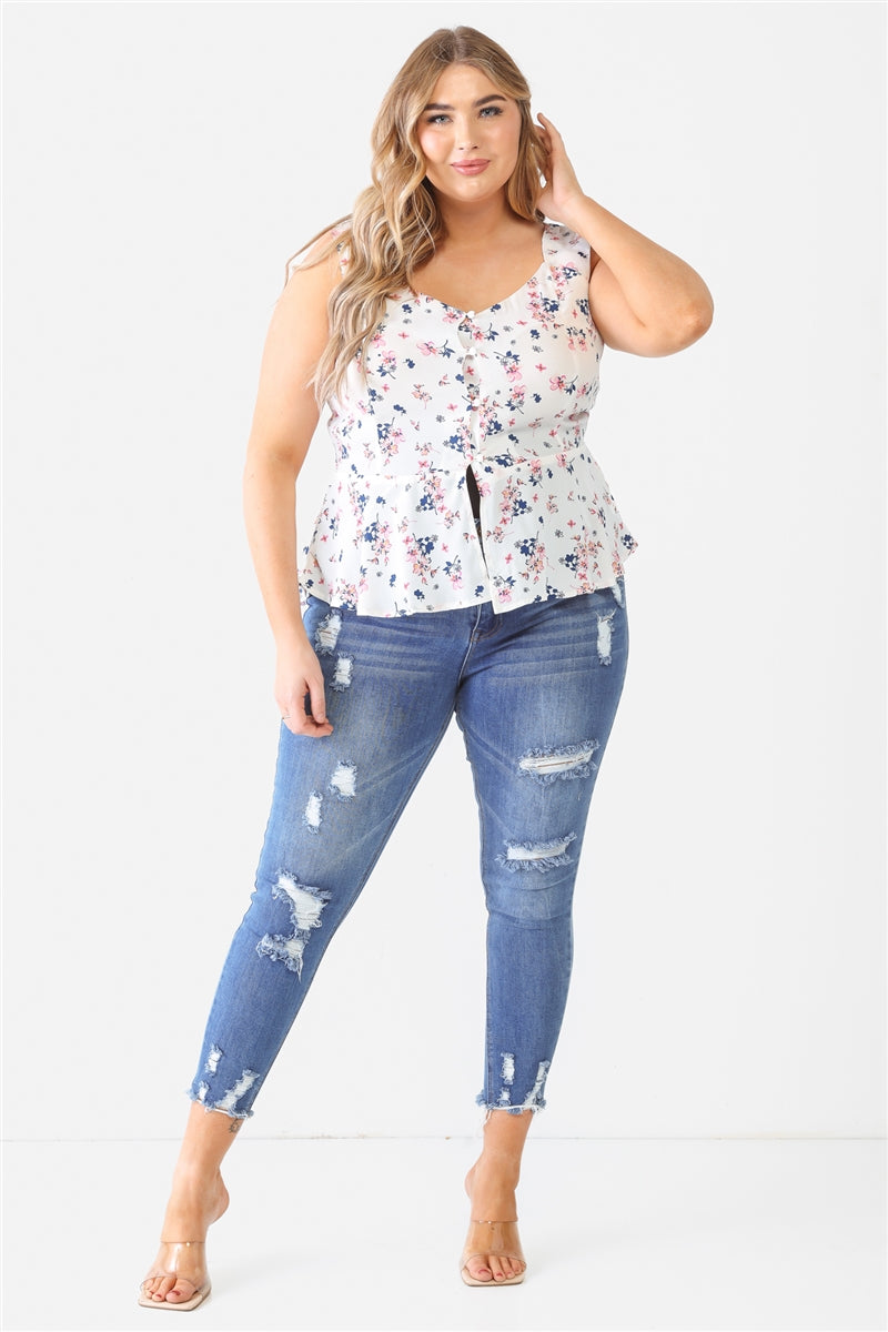 Floral Button-up Sleeveless Flare Hem Top