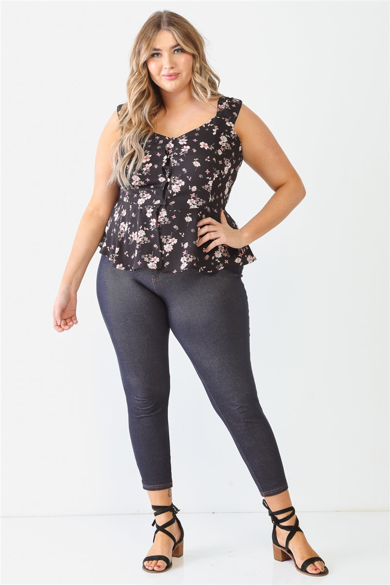 Floral Button-up Sleeveless Flare Hem Top