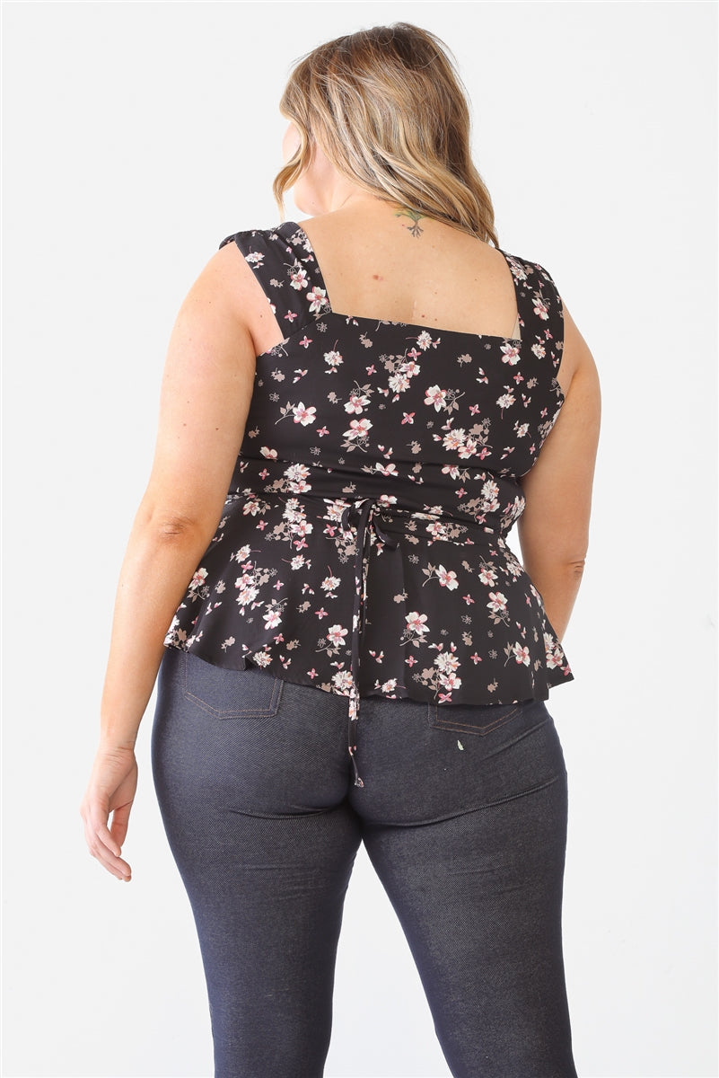 Floral Button-up Sleeveless Flare Hem Top