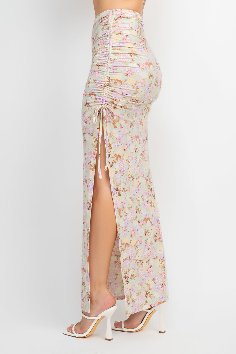 Floral Top & Ruched Maxi Skirts Set