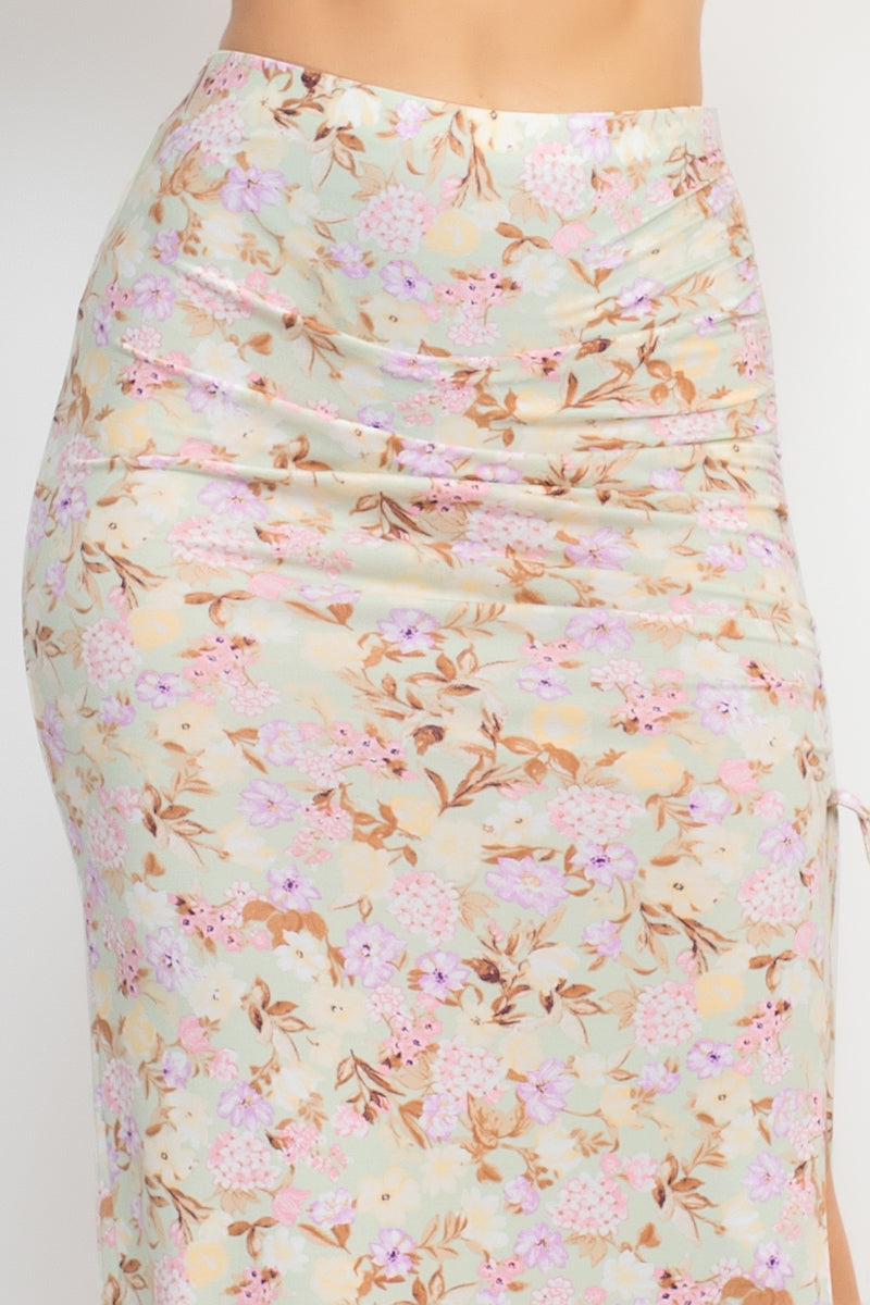 Floral Top & Ruched Maxi Skirts Set