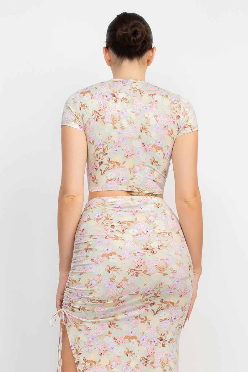 Floral Top & Ruched Maxi Skirts Set