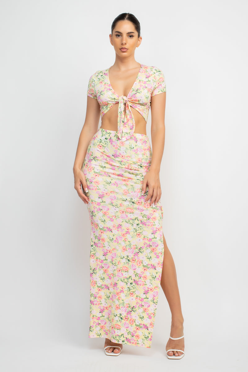 Floral Top & Ruched Maxi Skirts Set