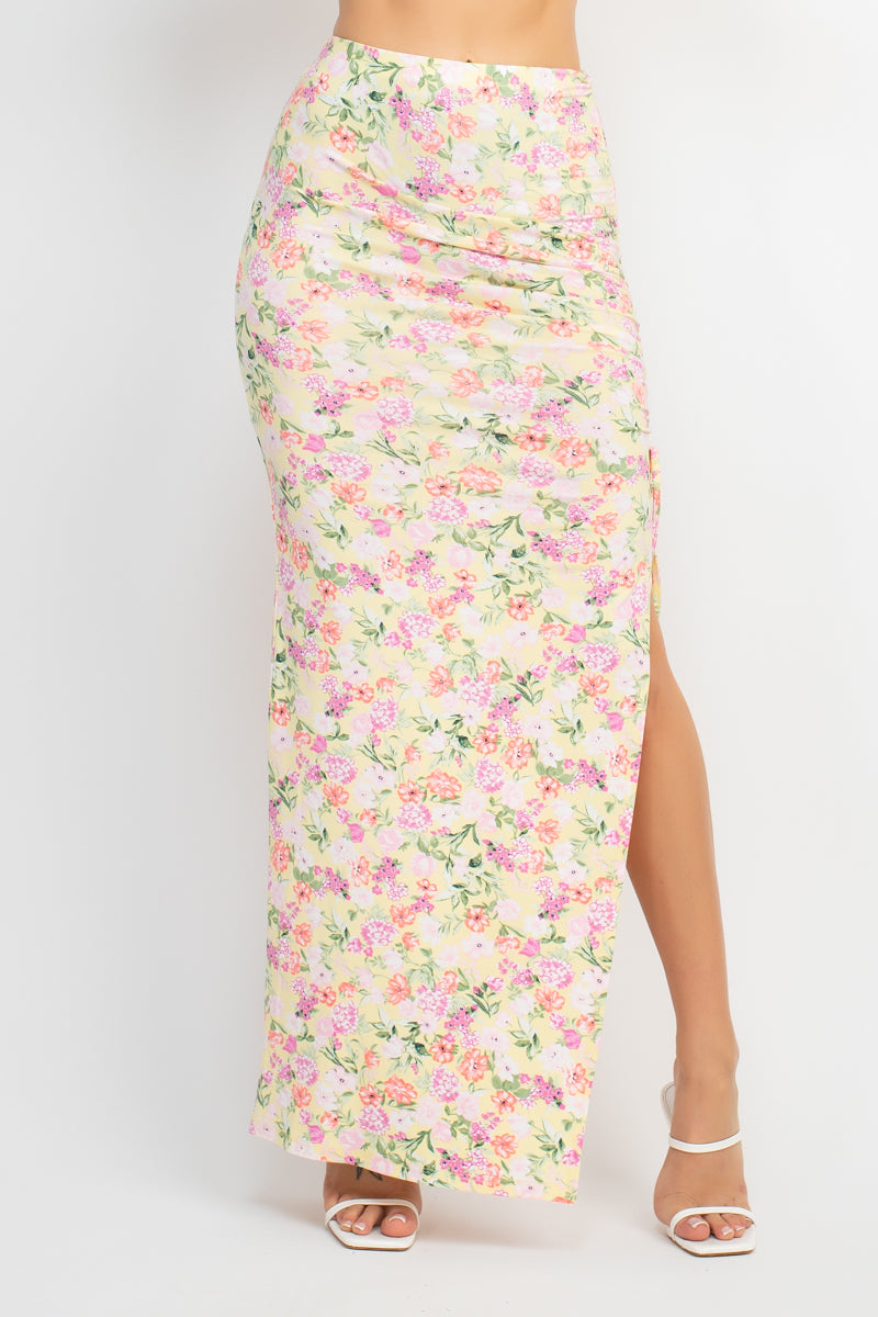 Floral Top & Ruched Maxi Skirts Set