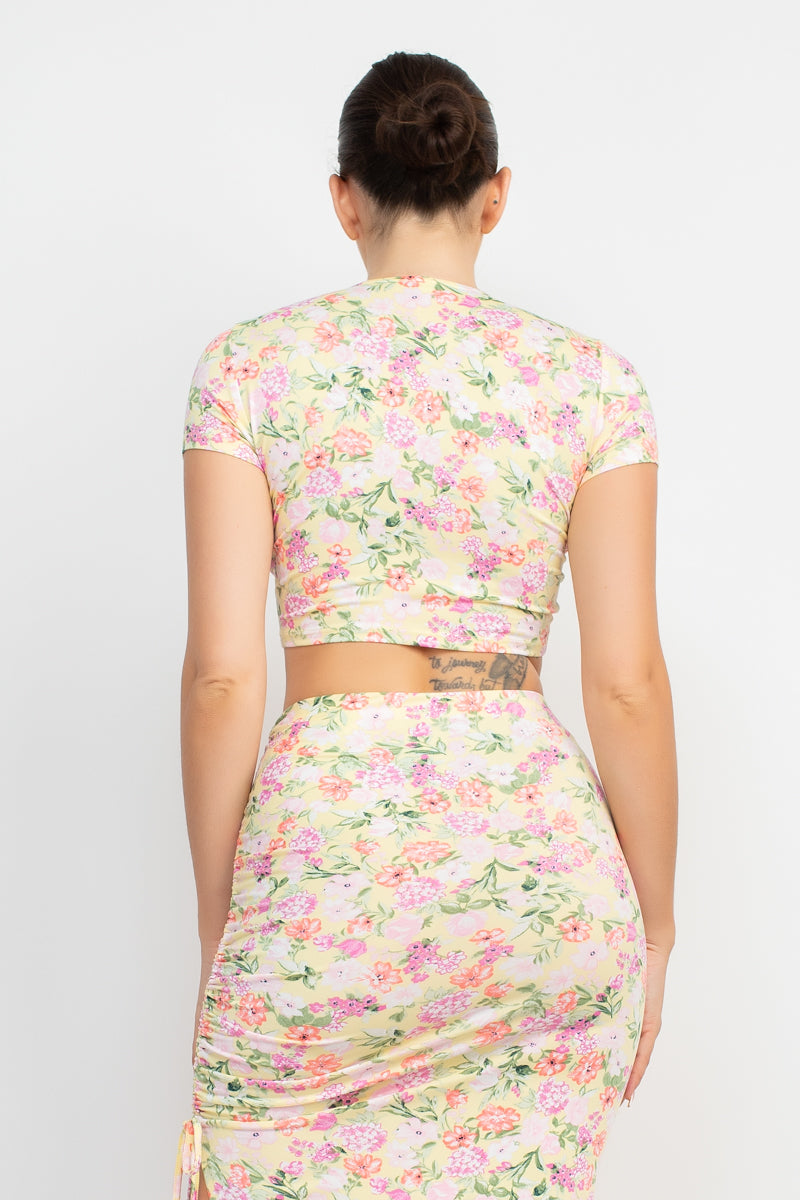 Floral Top & Ruched Maxi Skirts Set