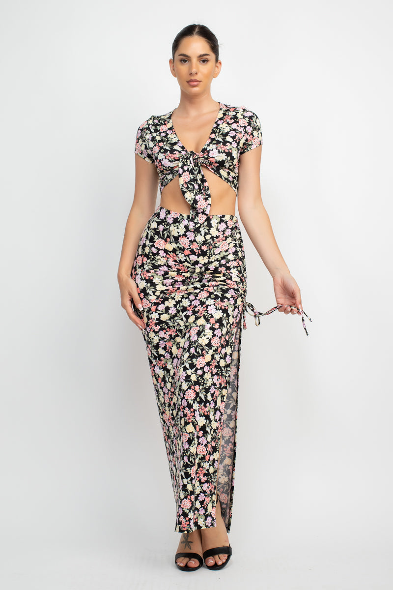 Floral Top & Ruched Maxi Skirts Set