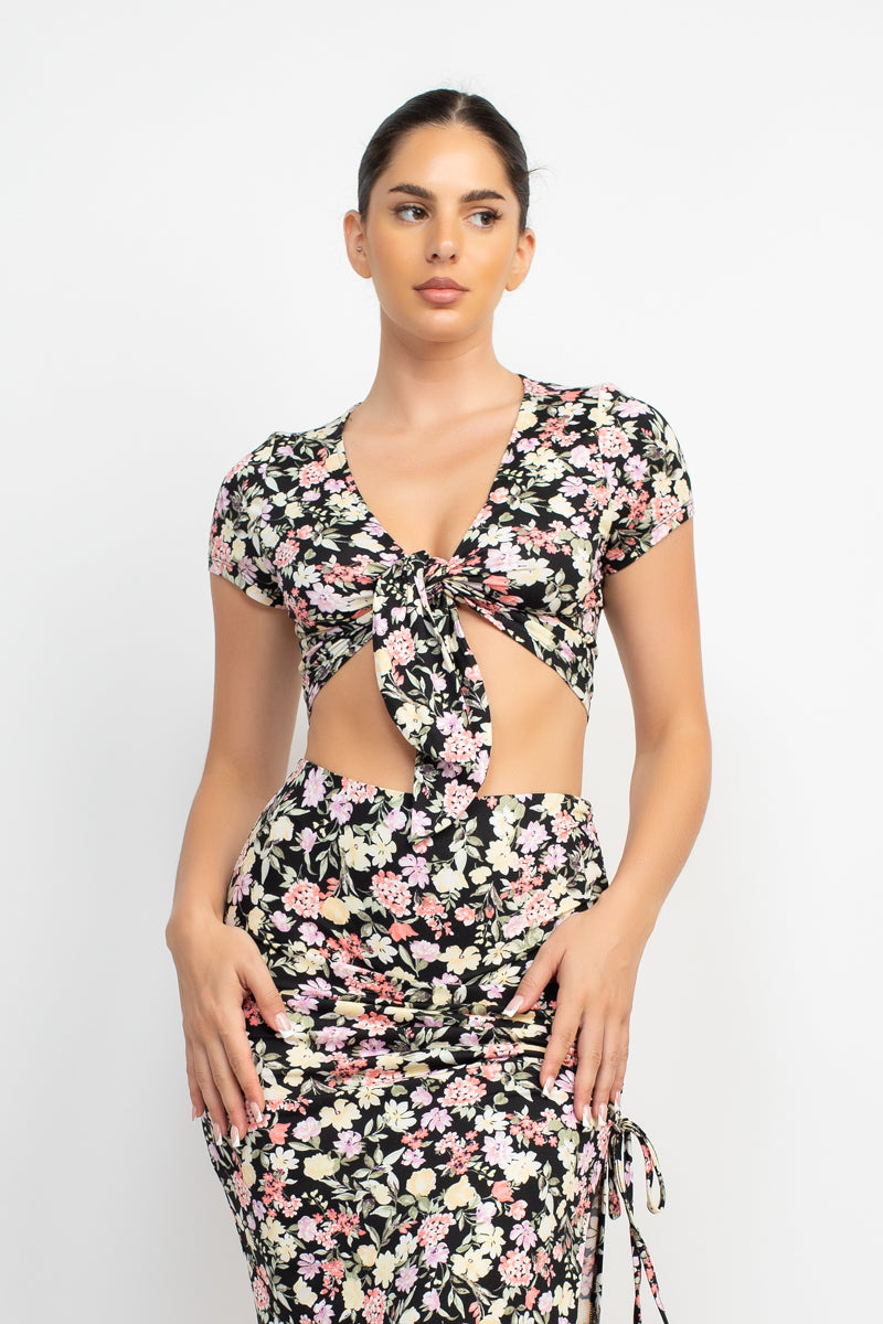 Floral Top & Ruched Maxi Skirts Set
