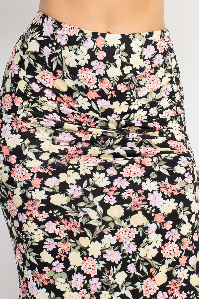 Floral Top & Ruched Maxi Skirts Set