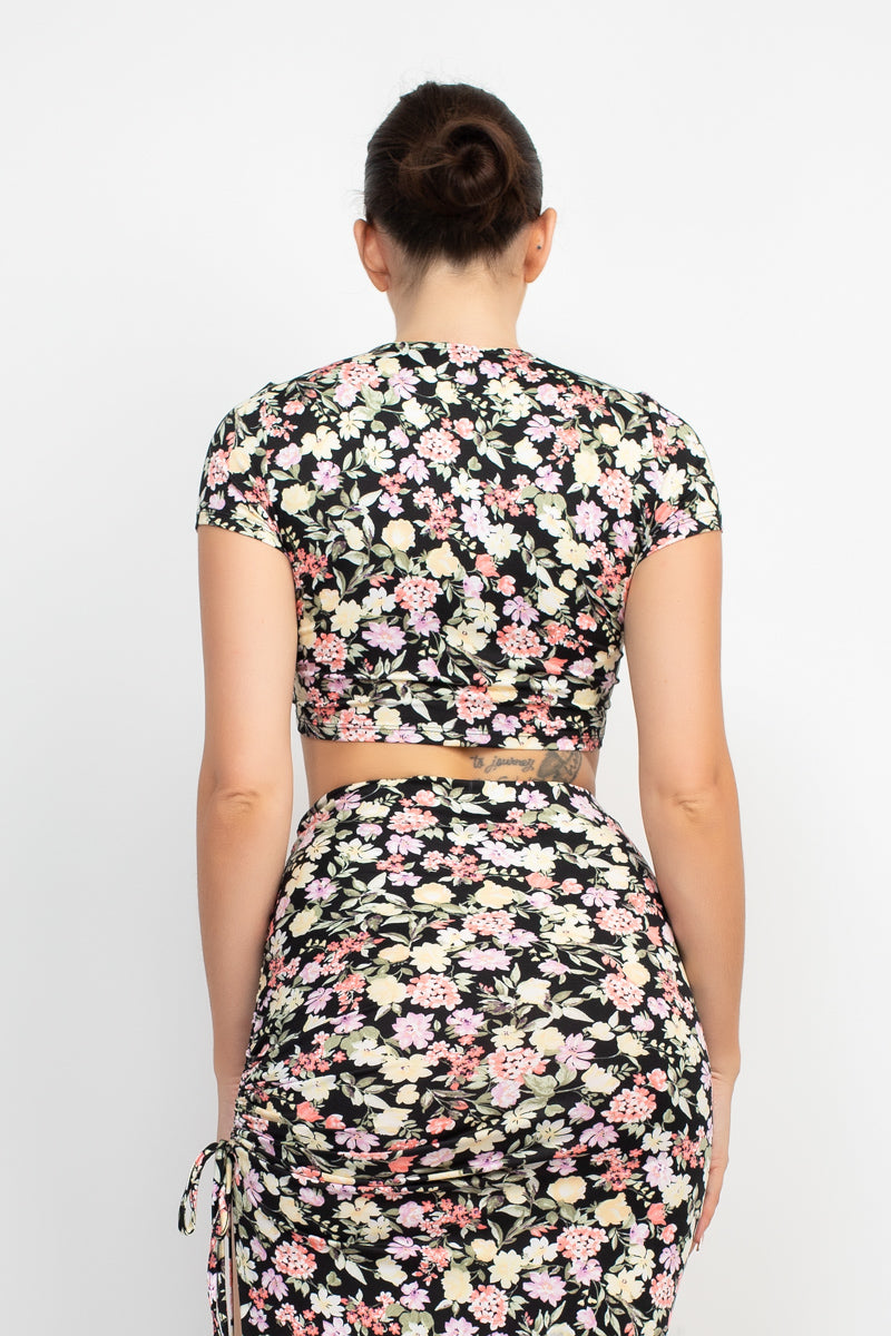 Floral Top & Ruched Maxi Skirts Set