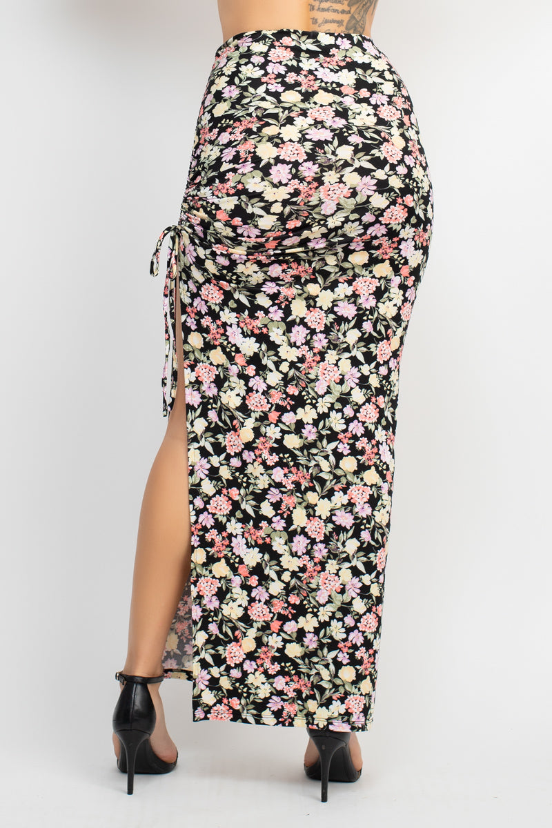 Floral Top & Ruched Maxi Skirts Set