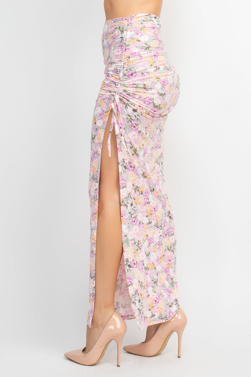 Floral Top & Ruched Maxi Skirts Set