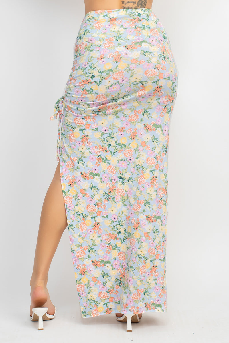Floral Top & Ruched Maxi Skirts Set