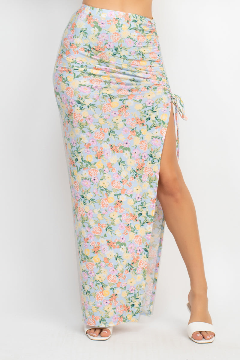 Floral Top & Ruched Maxi Skirts Set