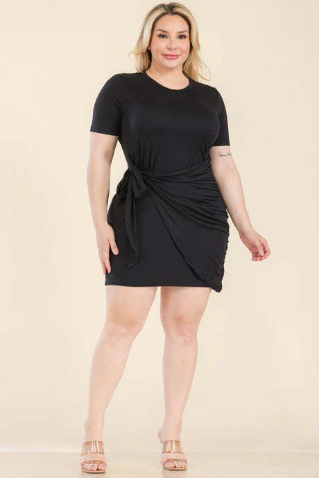 Solid Wrap Front Tie Side Short Sleeve Mini Dress