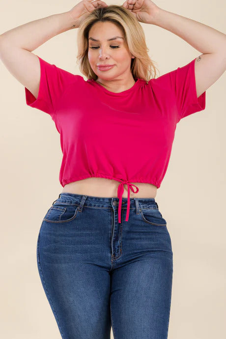 Tie Front Drawstring Short Sleeve Crop Top