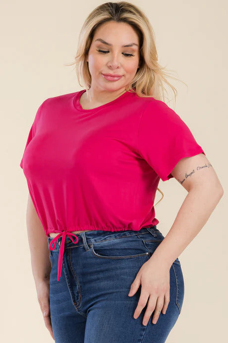 Tie Front Drawstring Short Sleeve Crop Top