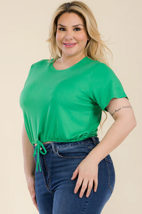 Tie Front Drawstring Short Sleeve Crop Top